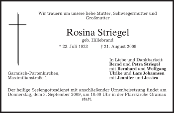 Traueranzeige von Rosina Striegel von MERKUR & TZ