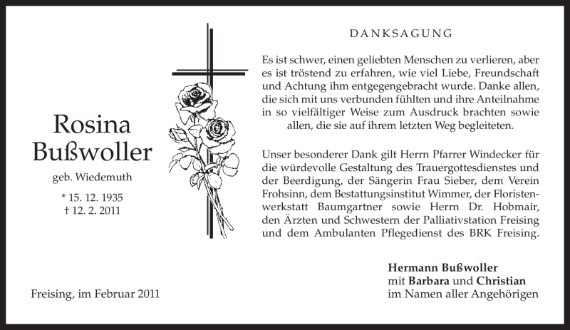  Traueranzeige für Rosina Bußwoller vom 26.02.2011 aus MERKUR & TZ