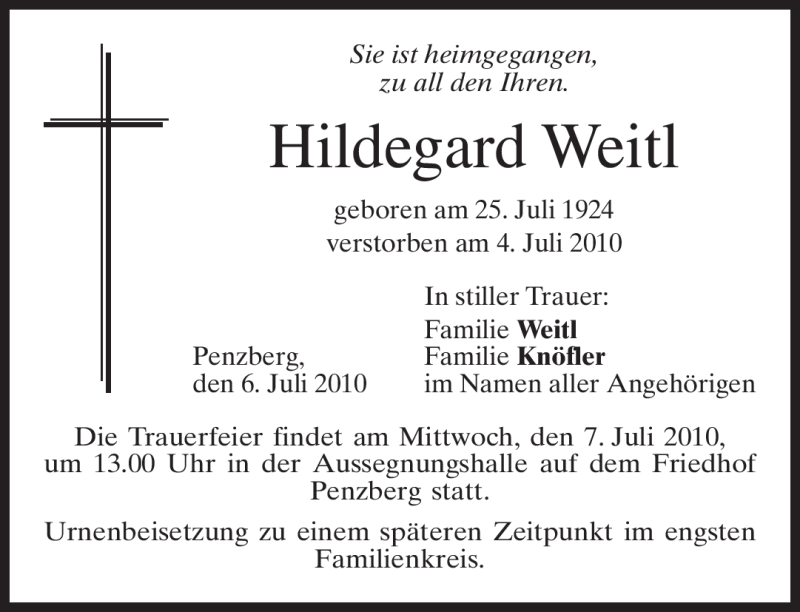 Traueranzeigen von Hildegard Weitl | trauer.merkur.de