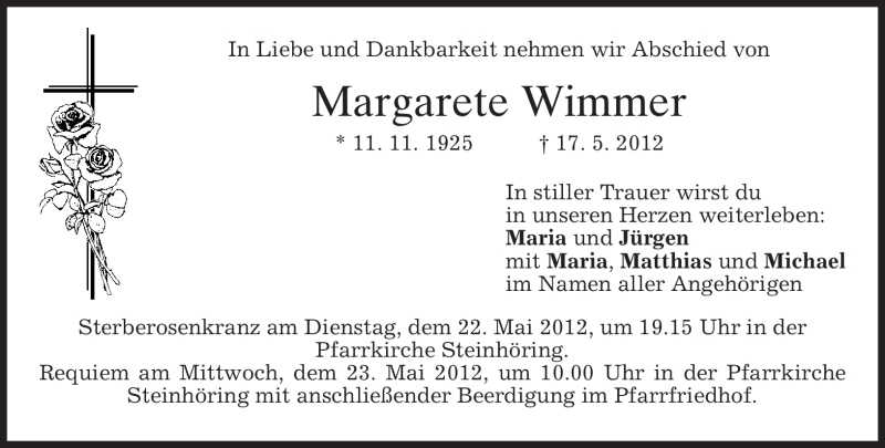  Traueranzeige für Margarete Wimmer vom 19.05.2012 aus MERKUR & TZ