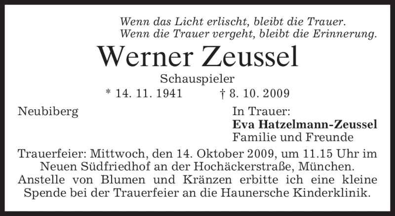  Traueranzeige für Werner Zeussel vom 10.10.2009 aus MERKUR & TZ