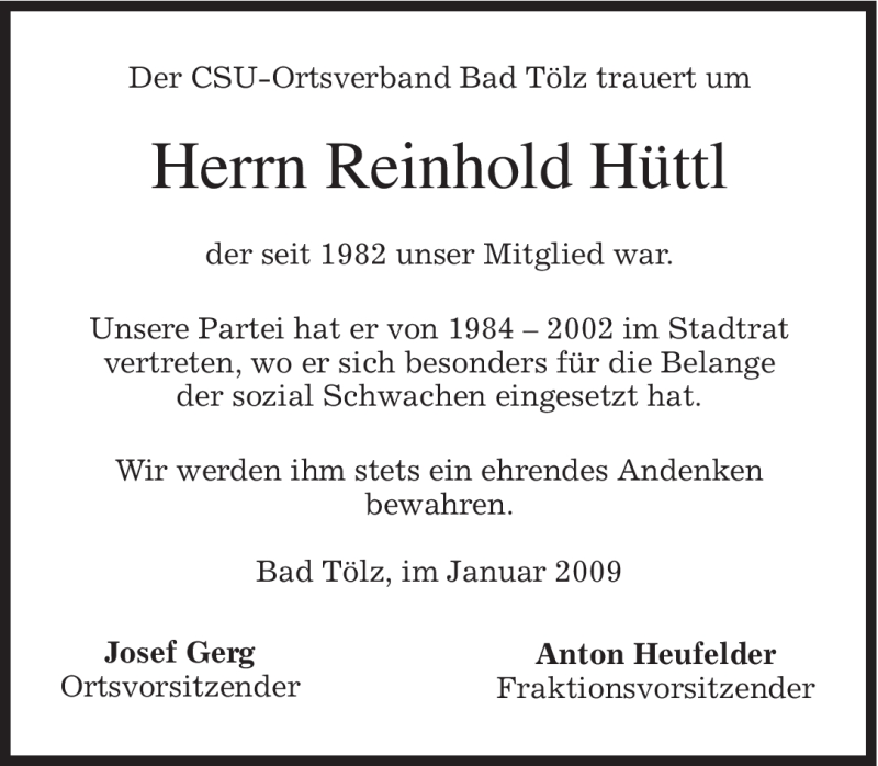  Traueranzeige für Reinhold Hüttl vom 30.01.2009 aus MERKUR & TZ