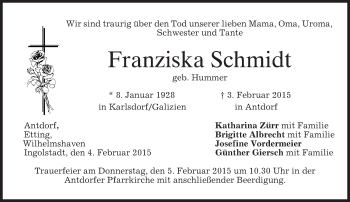 Traueranzeige von Franziska Schmidt von merkurtz