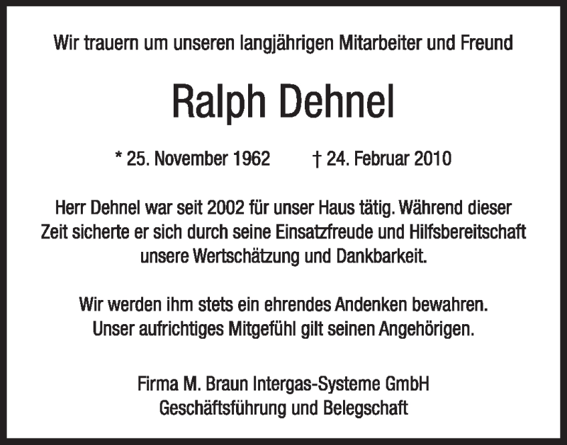  Traueranzeige für Ralph Dehnel vom 01.03.2010 aus MERKUR & TZ