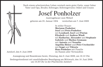 Traueranzeige von Josef Ponholzer von MERKUR & TZ
