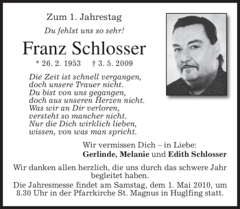 Traueranzeige von Franz Schlosser von MERKUR & TZ