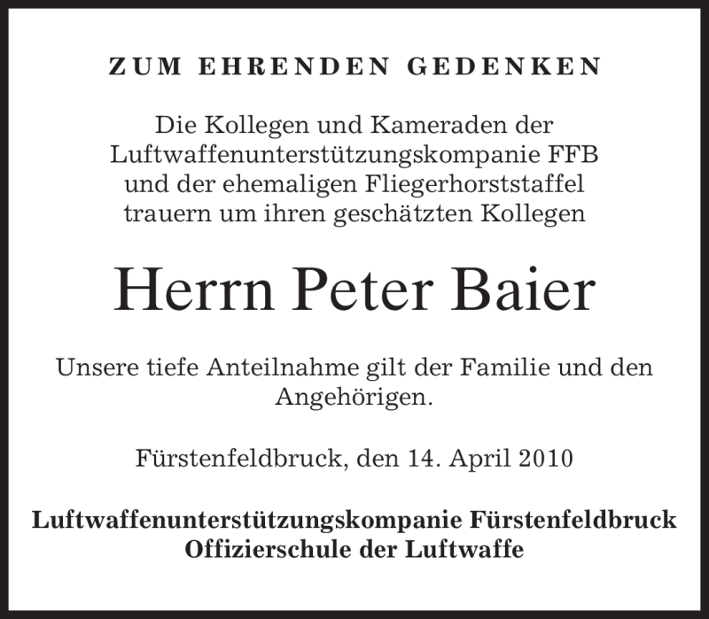  Traueranzeige für Peter Baier vom 15.04.2010 aus MERKUR & TZ
