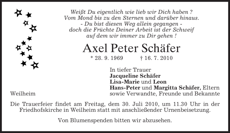  Traueranzeige für Axel Peter Schäfer vom 27.07.2010 aus MERKUR & TZ
