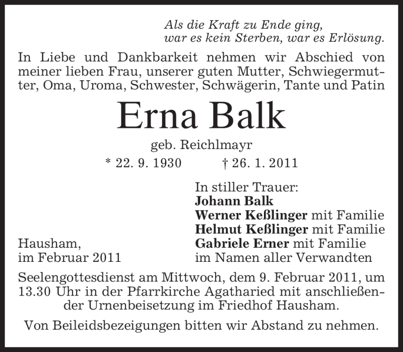  Traueranzeige für Erna Balk vom 05.02.2011 aus MERKUR & TZ