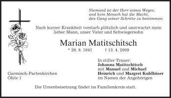 Traueranzeige von Marian Matitschitsch von MERKUR & TZ
