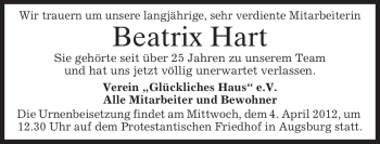 Traueranzeige von Beatrix Hart von MERKUR & TZ