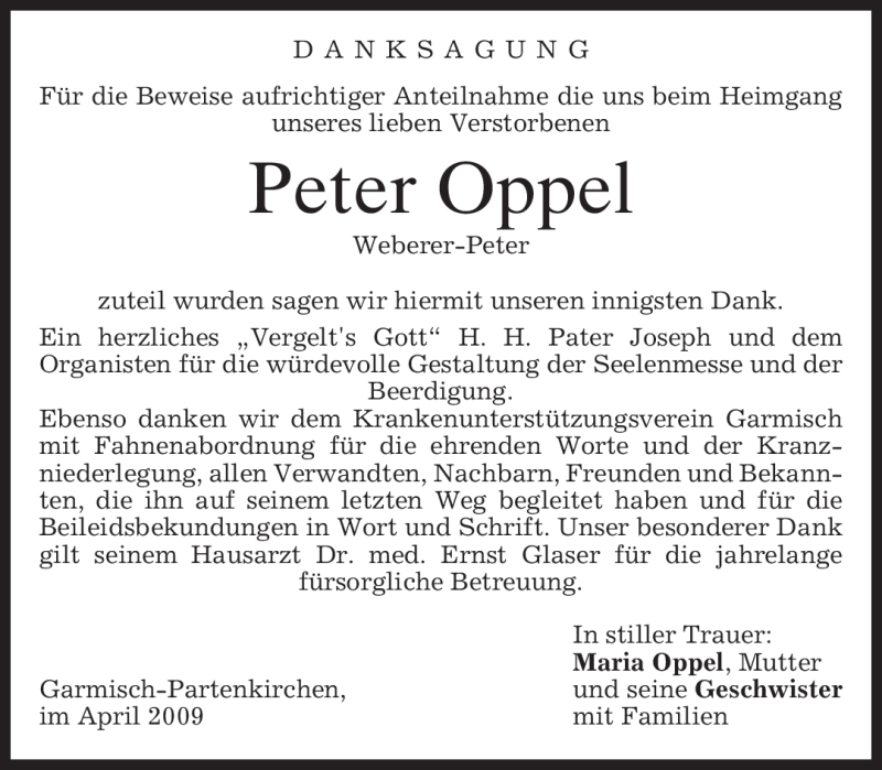  Traueranzeige für Peter Oppel vom 09.04.2009 aus MERKUR & TZ