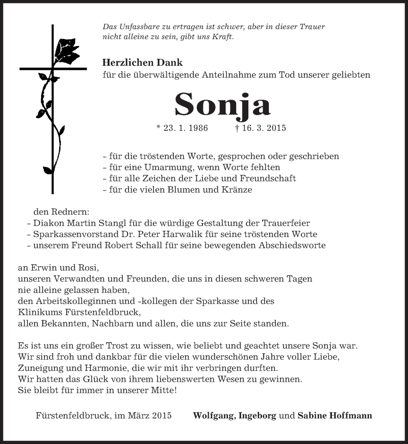  Traueranzeige für Sonja Hoffmann vom 28.03.2015 aus merkurtz