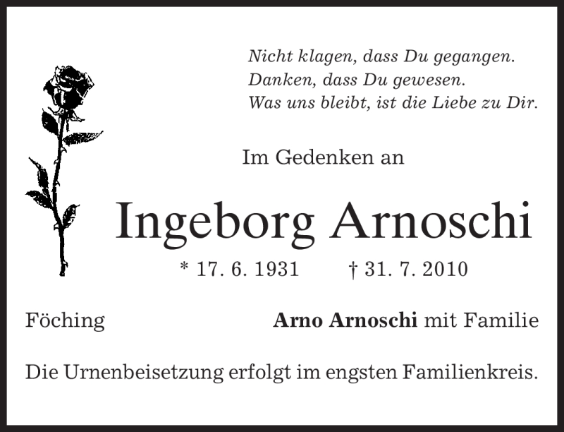  Traueranzeige für Ingeborg Arnoschi vom 02.08.2010 aus MERKUR & TZ