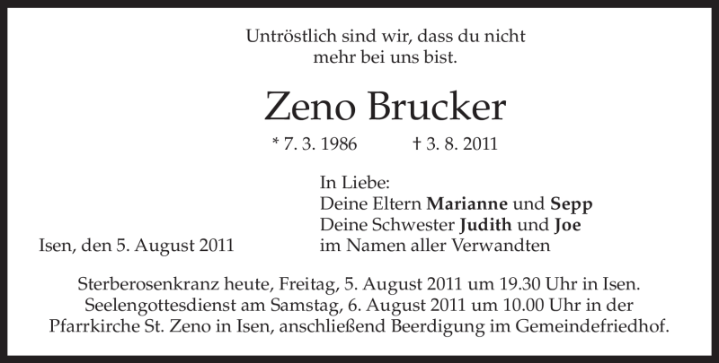  Traueranzeige für Zeno Brucker vom 05.08.2011 aus MERKUR & TZ
