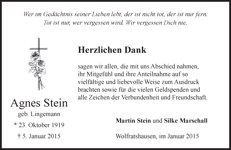  Traueranzeige für Agnes Stein vom 20.01.2015 aus merkurtz