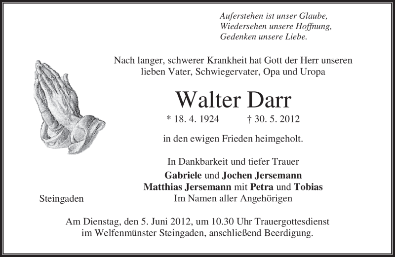  Traueranzeige für Walter Darr vom 02.06.2012 aus MERKUR & TZ