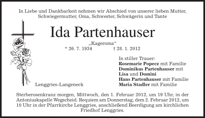  Traueranzeige für Ida Partenhauser vom 31.01.2012 aus MERKUR & TZ