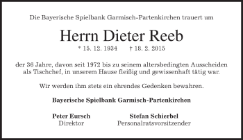 Traueranzeige von Dieter Reeb von merkurtz
