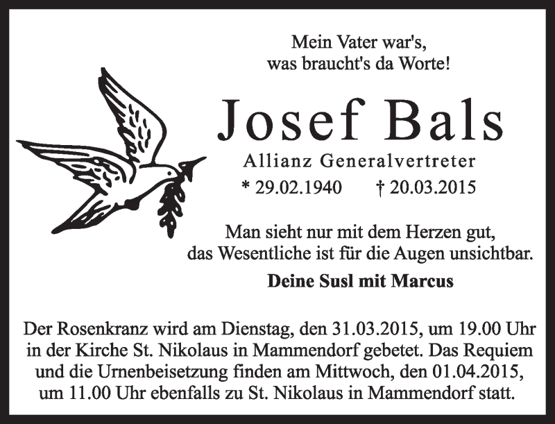  Traueranzeige für Josef Bals vom 28.03.2015 aus merkurtz