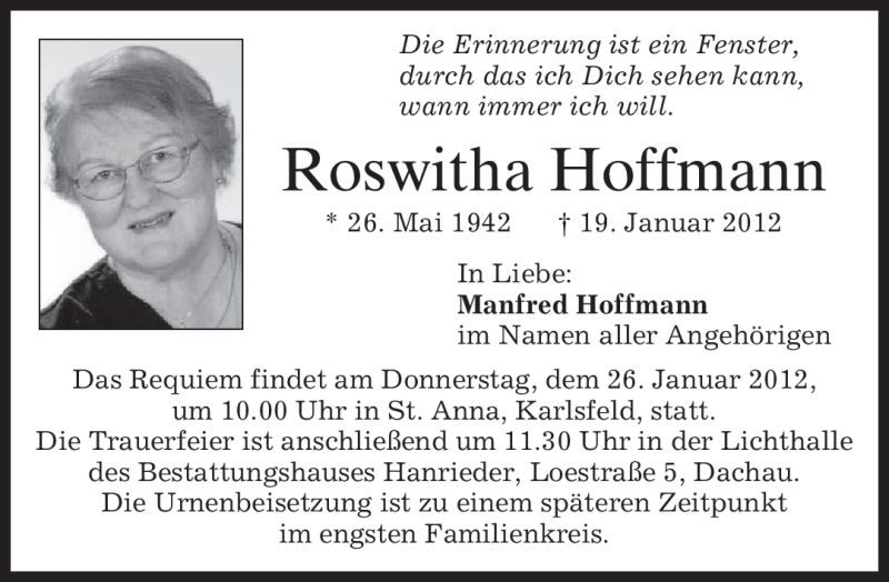 Traueranzeigen von Roswitha Hoffmann | trauer.merkur.de