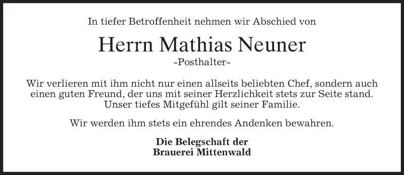  Traueranzeige für Mathias Neuner vom 25.04.2015 aus merkurtz