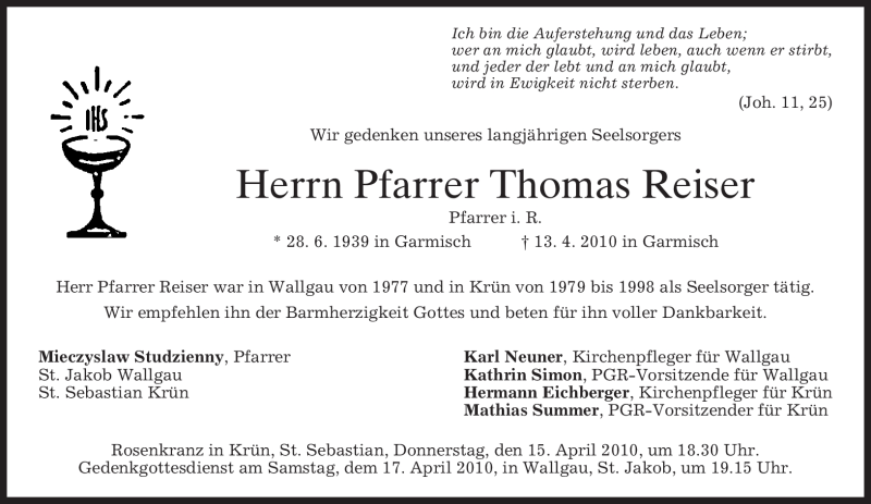  Traueranzeige für Thomas Reiser vom 14.04.2010 aus MERKUR & TZ