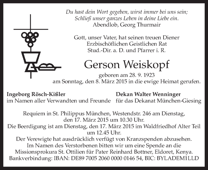  Traueranzeige für Gerson Weiskopf vom 12.03.2015 aus merkurtz