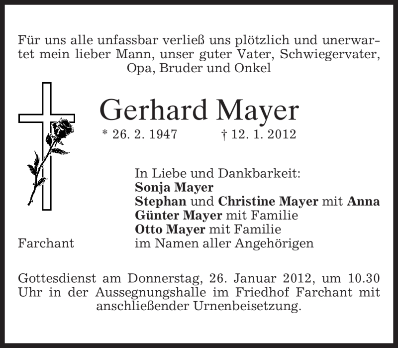  Traueranzeige für Gerhard Mayer vom 25.01.2012 aus MERKUR & TZ