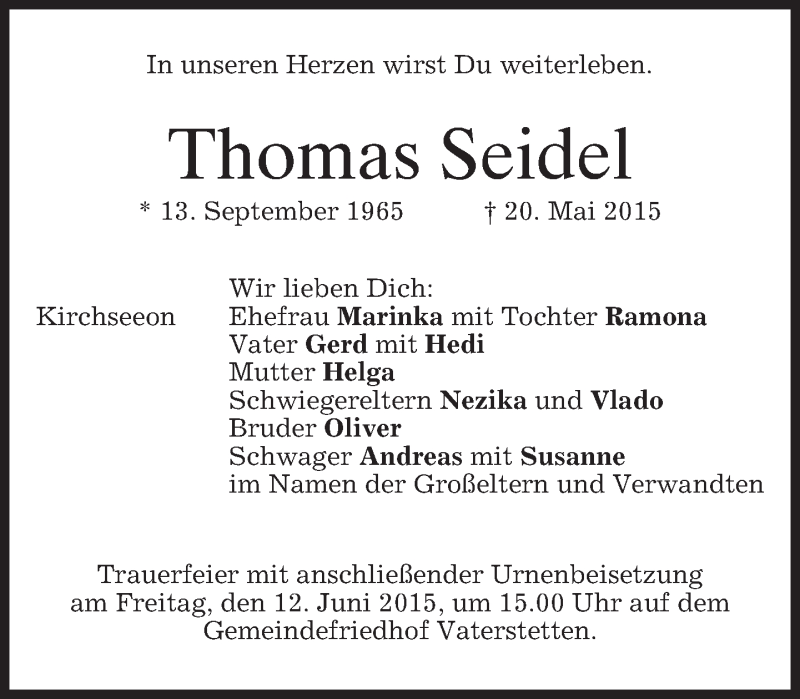  Traueranzeige für Thomas Seidel vom 06.06.2015 aus merkurtz