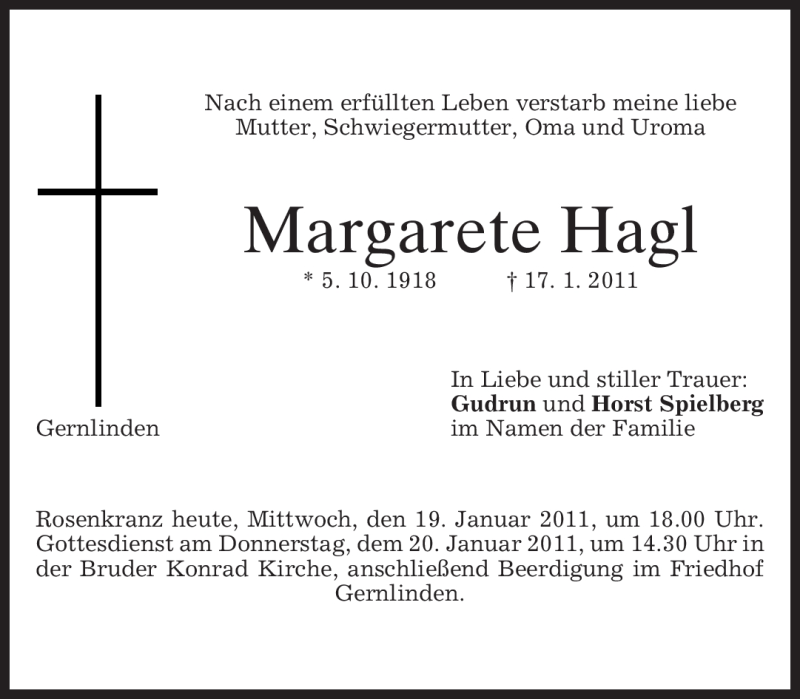  Traueranzeige für Margarete Hagl vom 19.01.2011 aus MERKUR & TZ