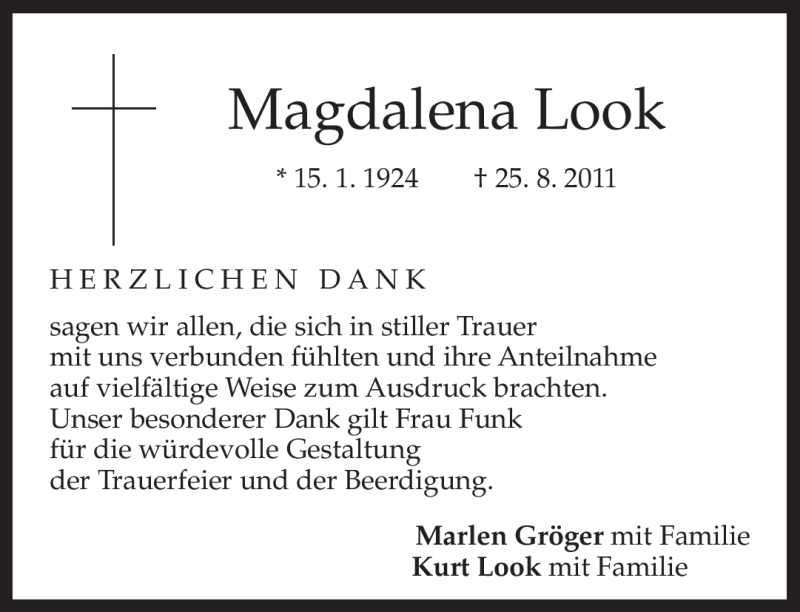  Traueranzeige für Magdalena Look vom 17.09.2011 aus MERKUR & TZ