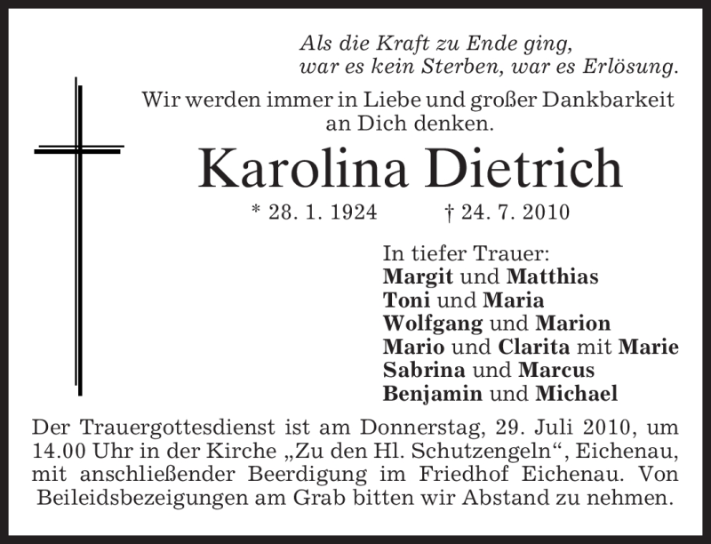  Traueranzeige für Karolina Dietrich vom 27.07.2010 aus MERKUR & TZ