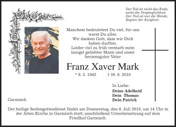 Traueranzeige von Franz Xaver Mark von MERKUR & TZ