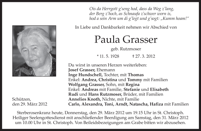  Traueranzeige für Paula Grasser vom 29.03.2012 aus MERKUR & TZ