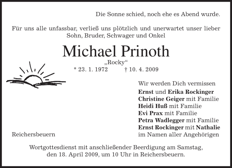  Traueranzeige für Michael Prinoth vom 16.04.2009 aus MERKUR & TZ