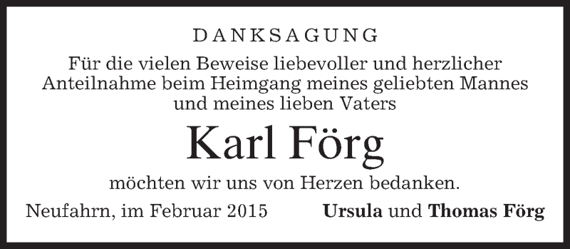  Traueranzeige für Karl Förg vom 28.02.2015 aus merkurtz