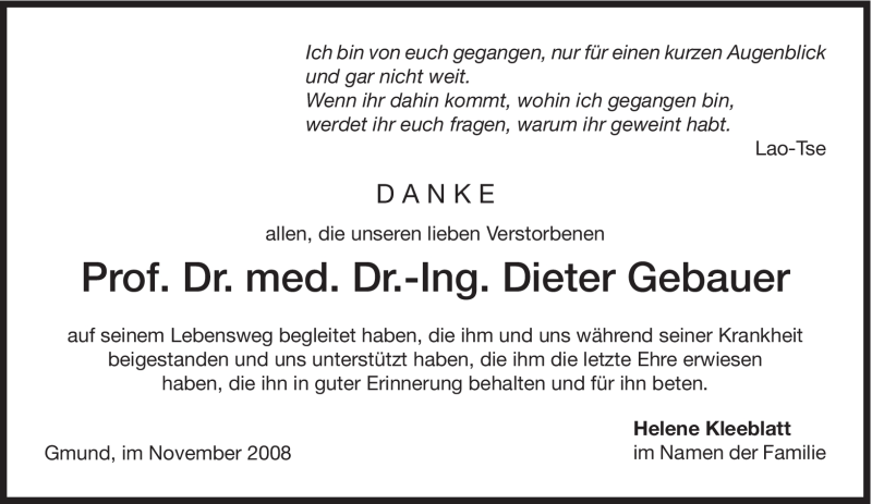  Traueranzeige für Dieter Gebauer vom 15.11.2008 aus MERKUR & TZ