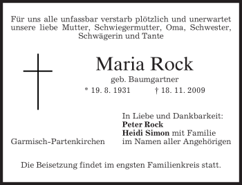 Traueranzeige von Maria Rock von MERKUR & TZ