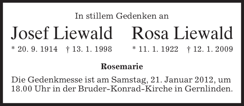  Traueranzeige für Josef Liewald vom 16.01.2012 aus MERKUR & TZ