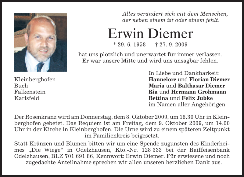  Traueranzeige für Erwin Diemer vom 06.10.2009 aus MERKUR & TZ
