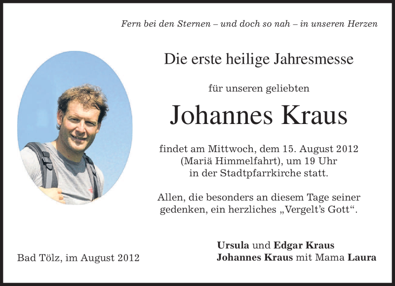  Traueranzeige für Johannes Kraus vom 11.08.2012 aus MERKUR & TZ