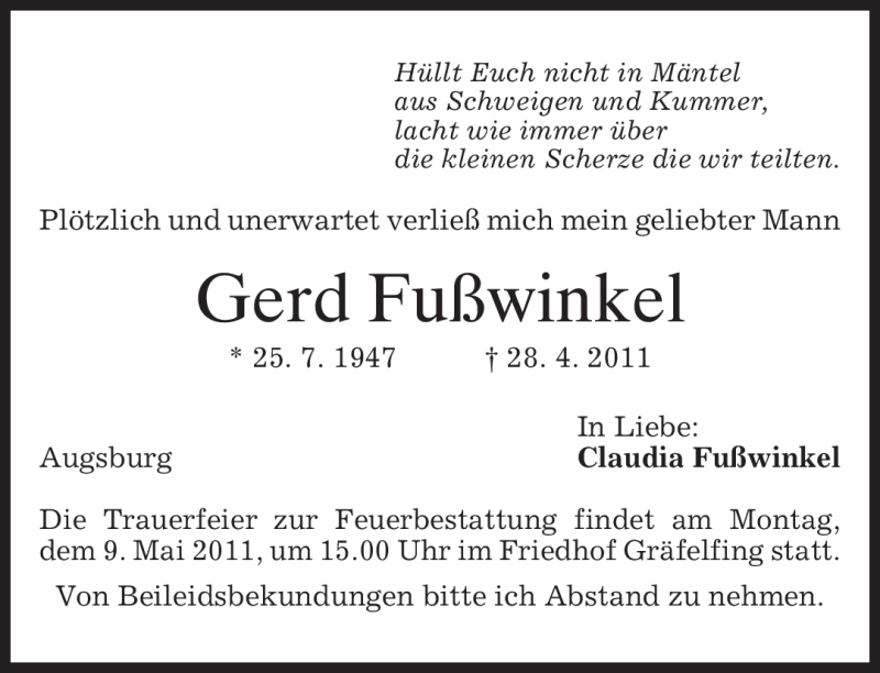  Traueranzeige für Gerd Fußwinkel vom 05.05.2011 aus MERKUR & TZ