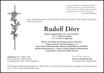 Traueranzeige von Rudolf Dörr von MERKUR & TZ