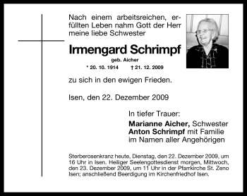 Traueranzeige von Irmengard Schrimpf von MERKUR & TZ