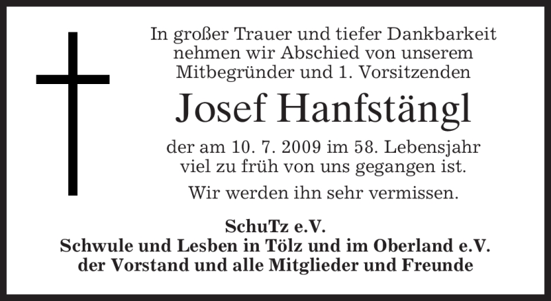  Traueranzeige für Josef Hanfstängl vom 14.07.2009 aus MERKUR & TZ