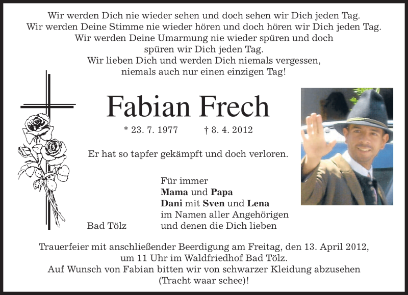  Traueranzeige für Fabian Frech vom 11.04.2012 aus MERKUR & TZ