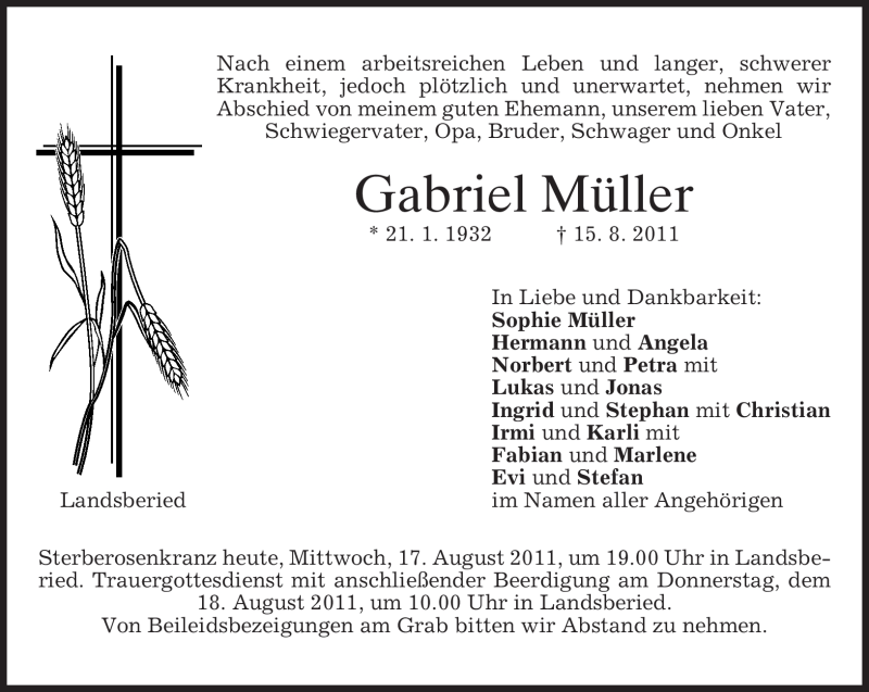  Traueranzeige für Gabriel Müller vom 17.08.2011 aus MERKUR & TZ