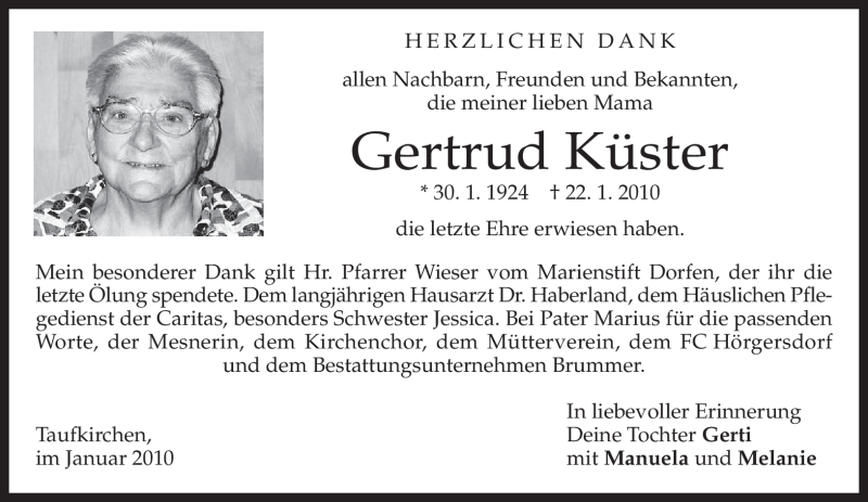 Traueranzeigen von Gertrud Küster | trauer.merkur.de