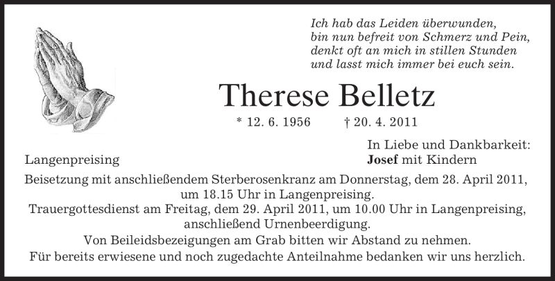  Traueranzeige für Therese Belletz vom 26.04.2011 aus MERKUR & TZ
